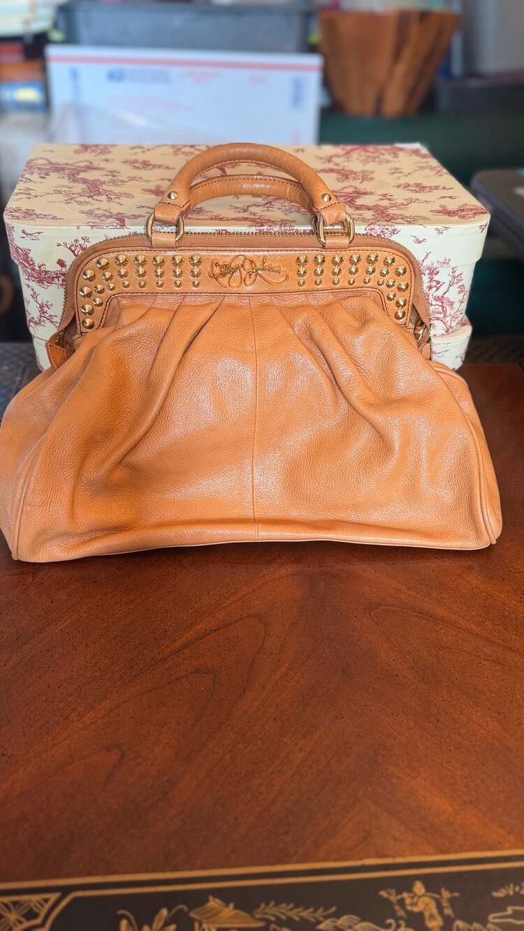 Betsey Johnson Brown Leather Studded Top Handle Handbag
